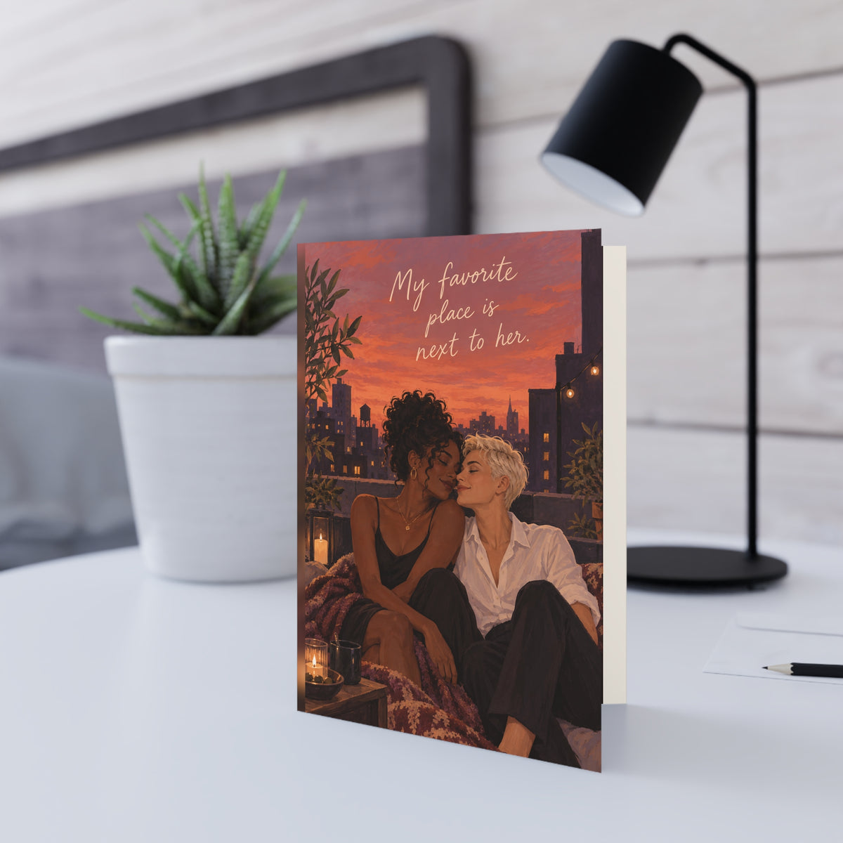 Greeting card in a setting: Romantic Sunset LGBTQ+ Greeting Card