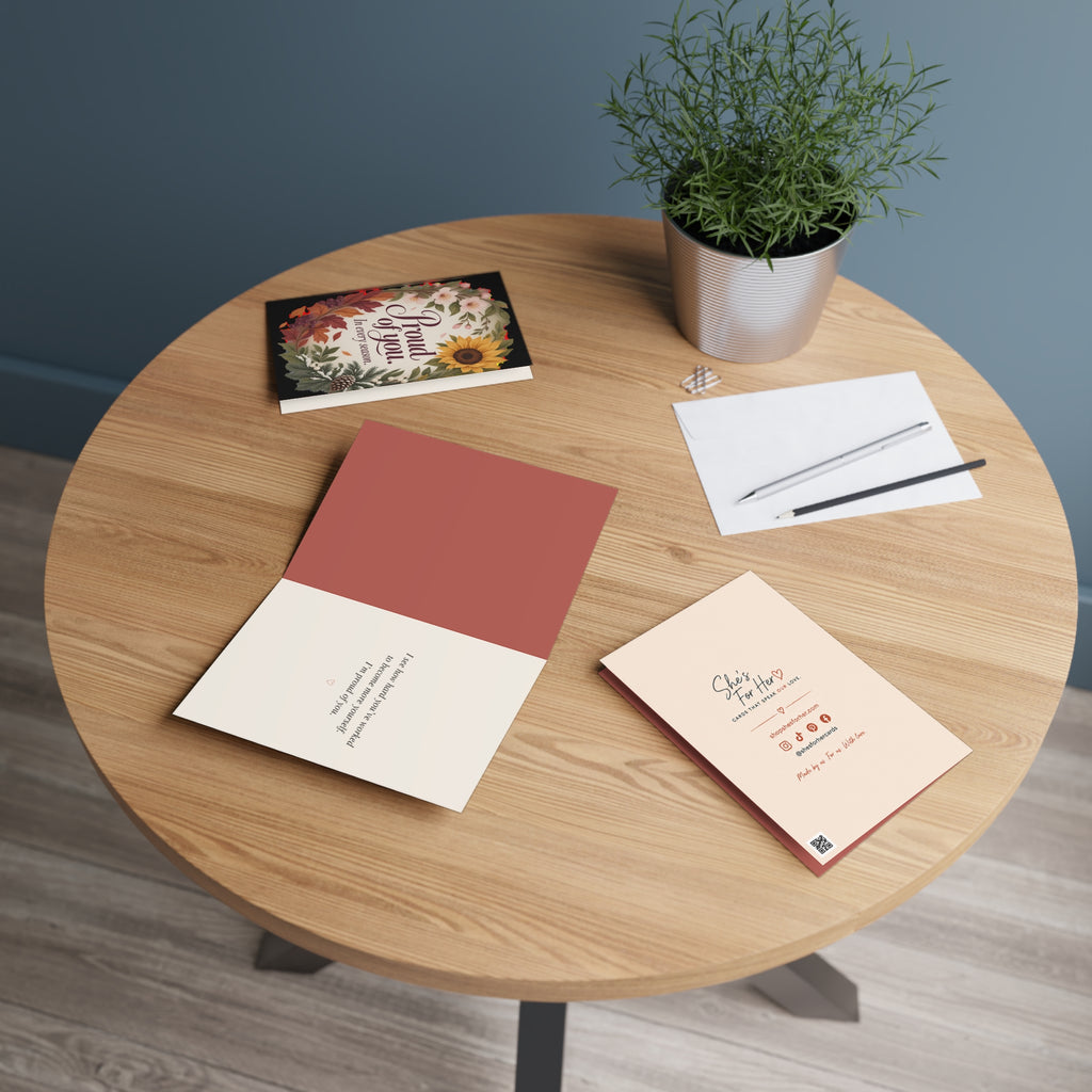 Greeting card in a setting: "Proud of You. In Every Season."  Encouragement Greeting Card