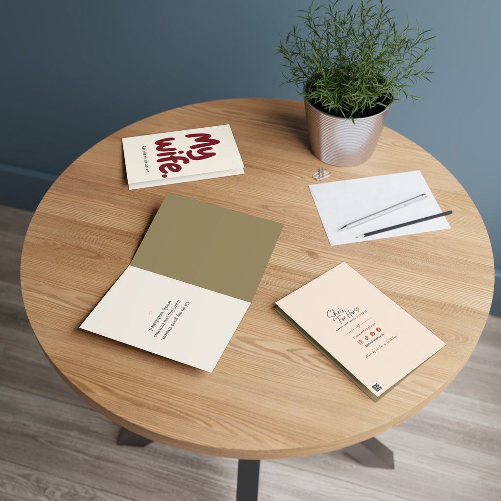 Greeting card in a setting: "My Wife. Excellent Decision." Anniversary & Romantic Card