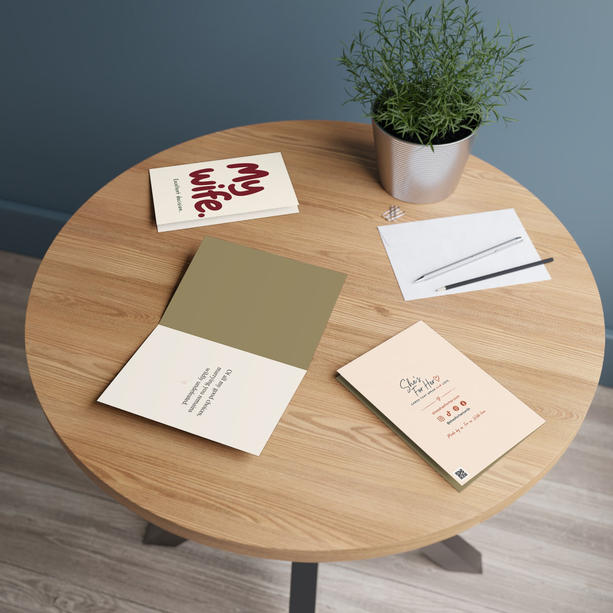 Greeting card in a setting: "My Wife. Excellent Decision." Anniversary & Romantic Card